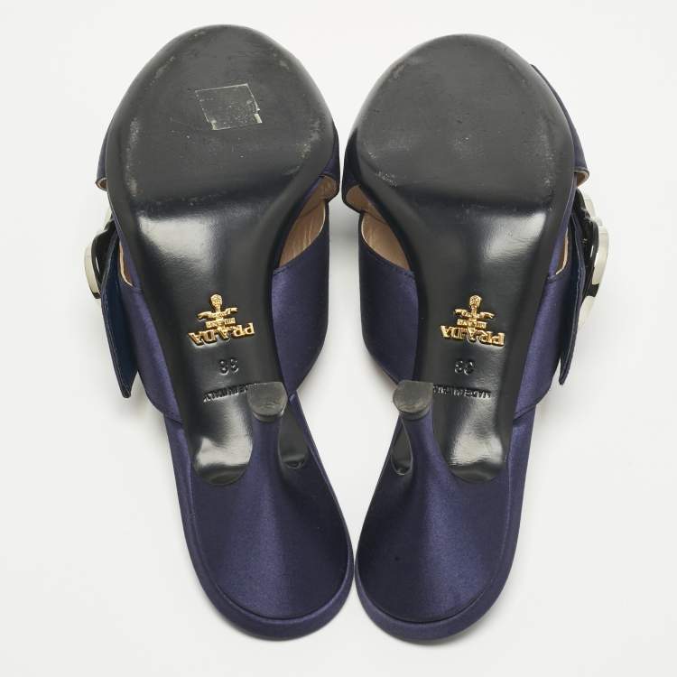Pre Owned Prada Navy Blue Satin Crystal Embellished Slide Sandals Size 38