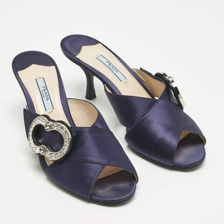 Pre Owned Prada Navy Blue Satin Crystal Embellished Slide Sandals Size 38