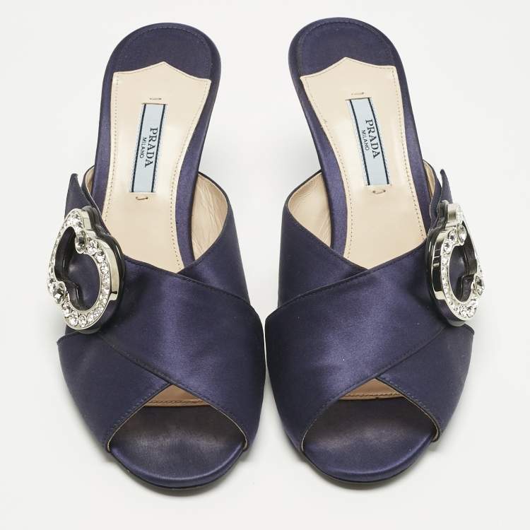 Pre Owned Prada Navy Blue Satin Crystal Embellished Slide Sandals Size 38