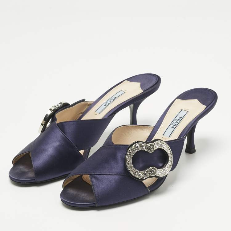 Pre Owned Prada Navy Blue Satin Crystal Embellished Slide Sandals Size 38