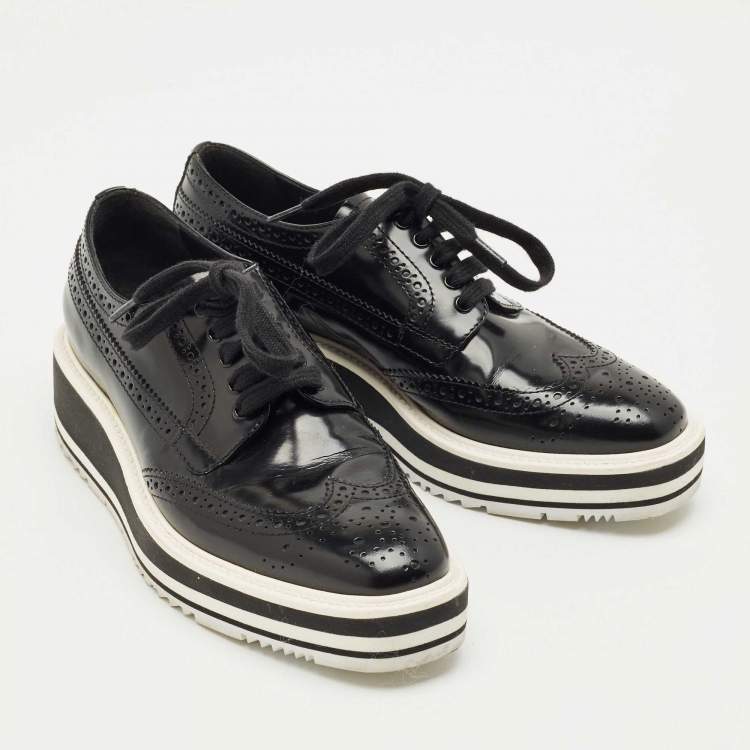 Pre Owned Prada Black Leather Lace Up Derby Sneakers Size 35.5