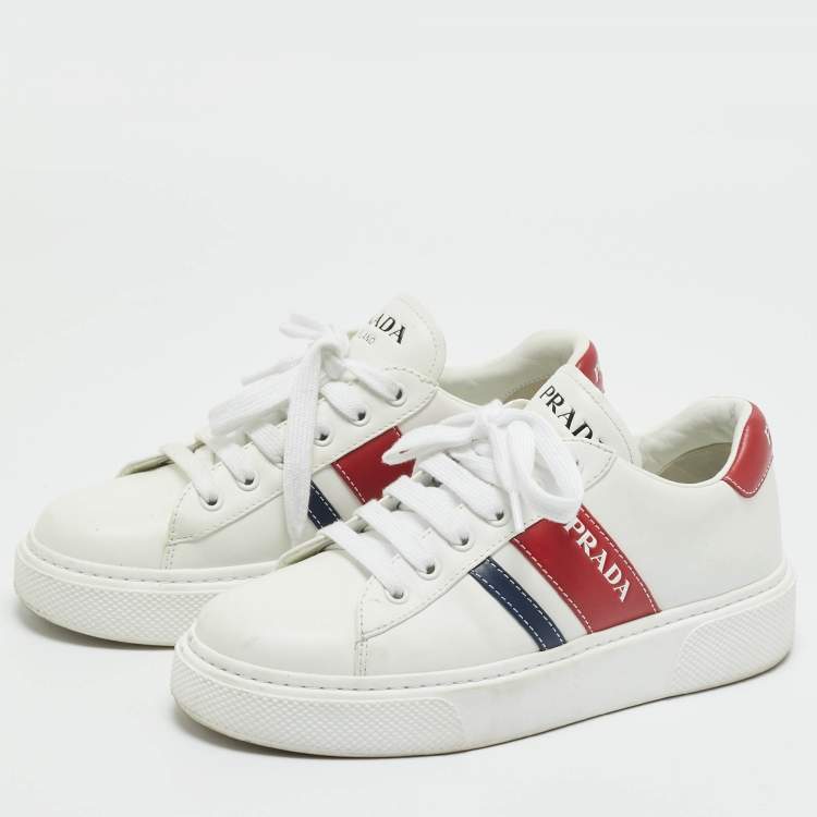 Pre Owned Prada White Leather Donna Lace Up Sneakers Size 37