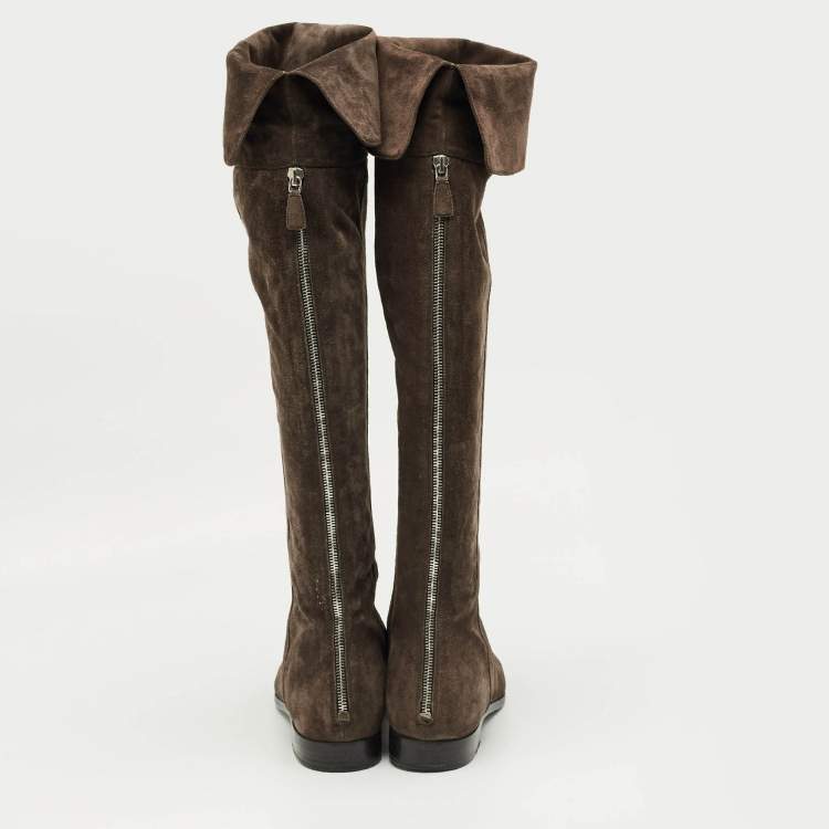Pre Owned Prada Dark Brown Suede Fold Over Knee Length Boots Size 40