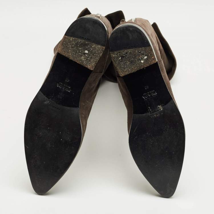 Pre Owned Prada Dark Brown Suede Fold Over Knee Length Boots Size 40