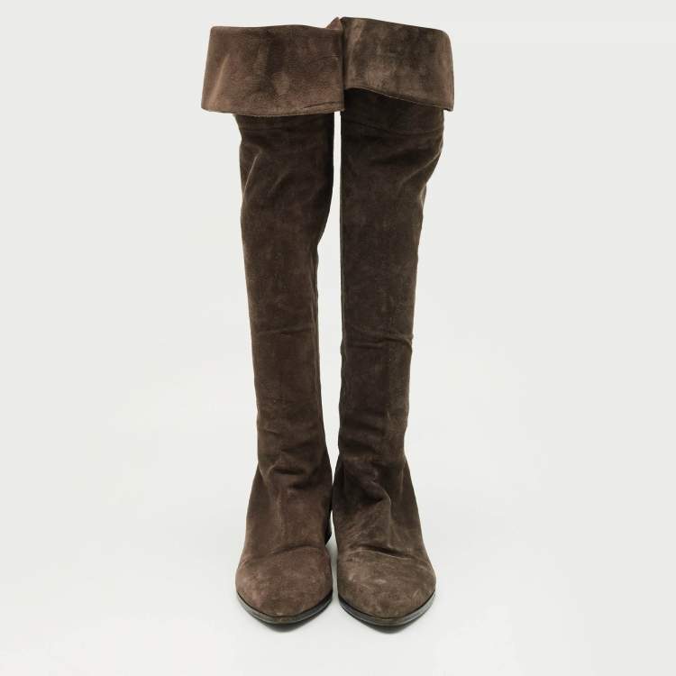 Pre Owned Prada Dark Brown Suede Fold Over Knee Length Boots Size 40
