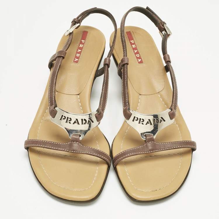 Pre Owned Prada Brown Leather Slingback Sandals Size 36.5