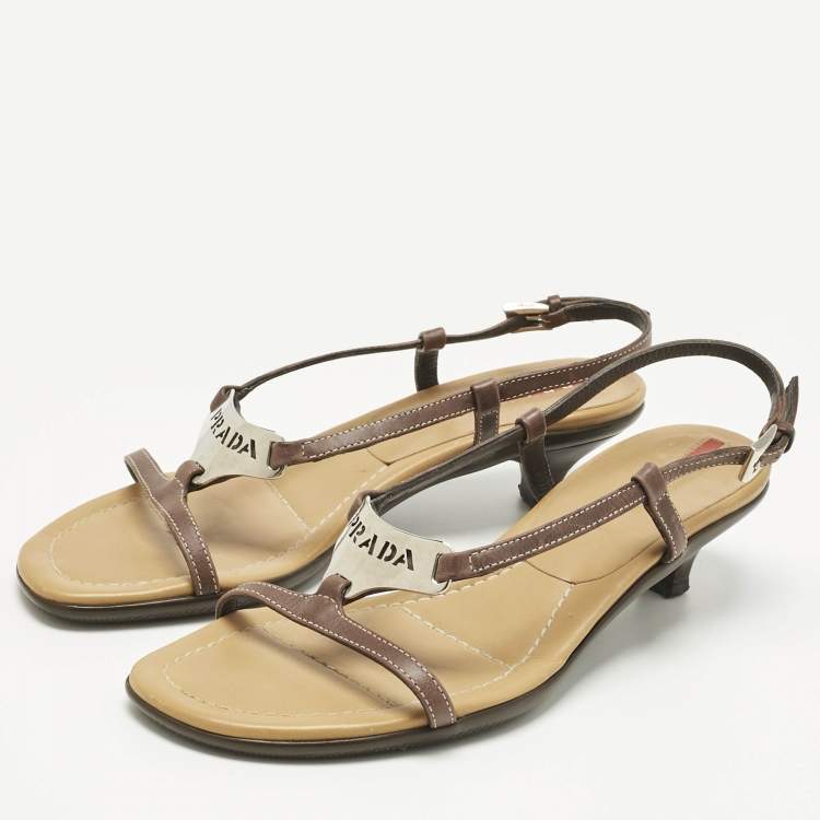 Pre Owned Prada Brown Leather Slingback Sandals Size 36.5