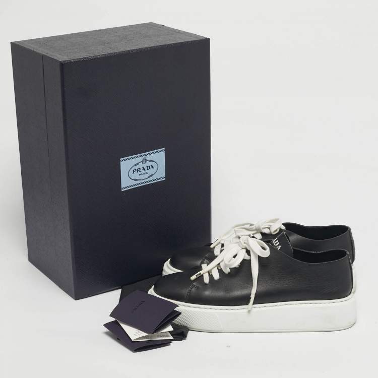 Pre Owned Prada Black/White Leather Platform Low Top Sneakers Size 39.5