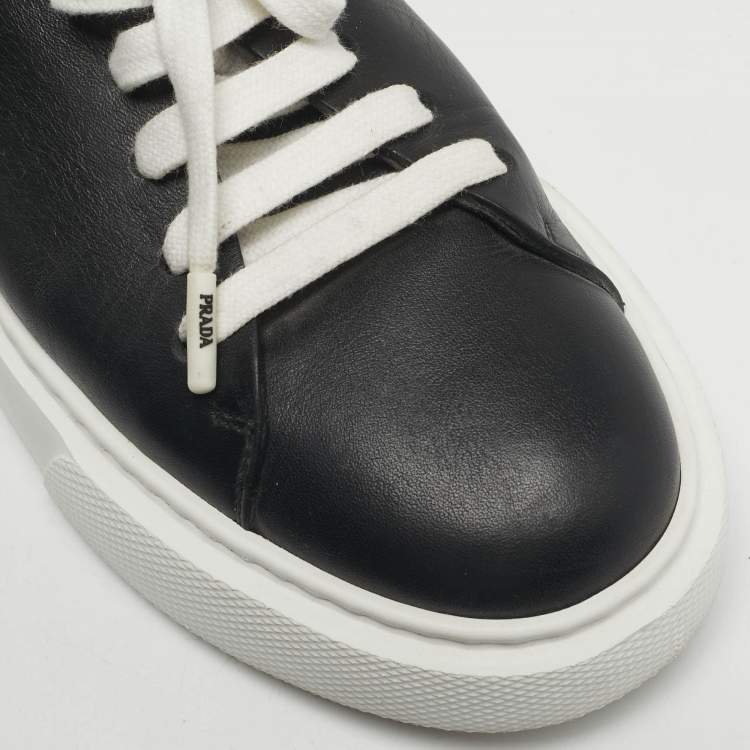 Pre Owned Prada Black/White Leather Platform Low Top Sneakers Size 39.5