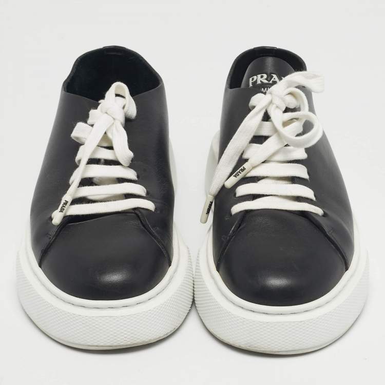 Pre Owned Prada Black/White Leather Platform Low Top Sneakers Size 39.5