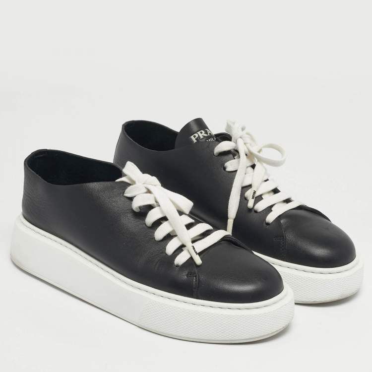 Pre Owned Prada Black/White Leather Platform Low Top Sneakers Size 39.5