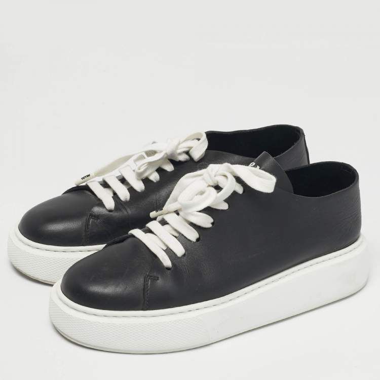 Pre Owned Prada Black/White Leather Platform Low Top Sneakers Size 39.5