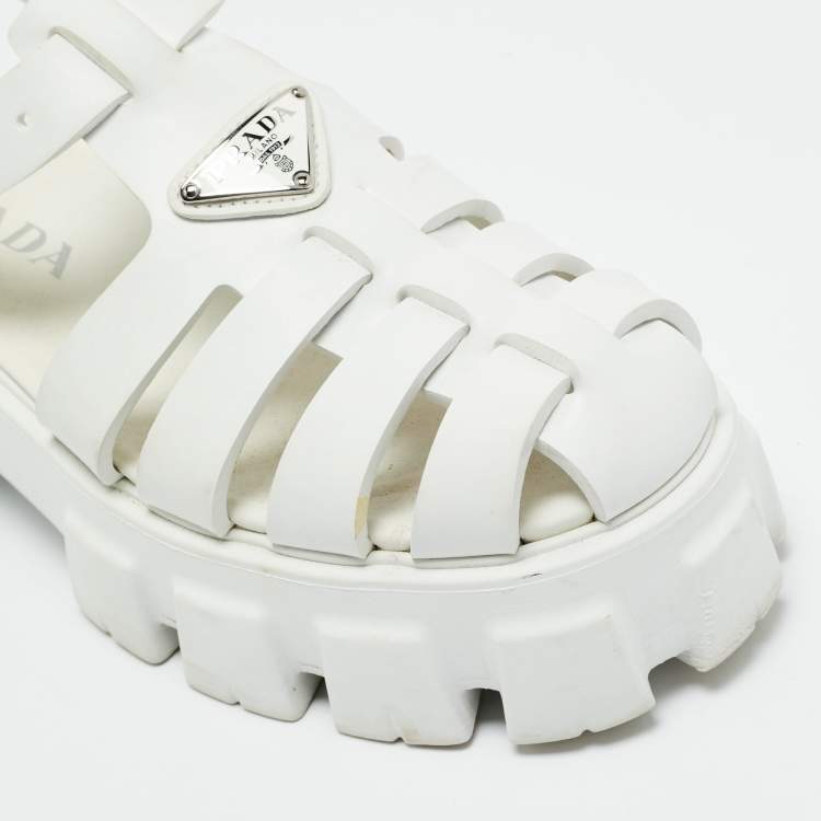 مملوكة مسبقًا Prada White Leather Monolith Ankle Strap Sandals Size 39