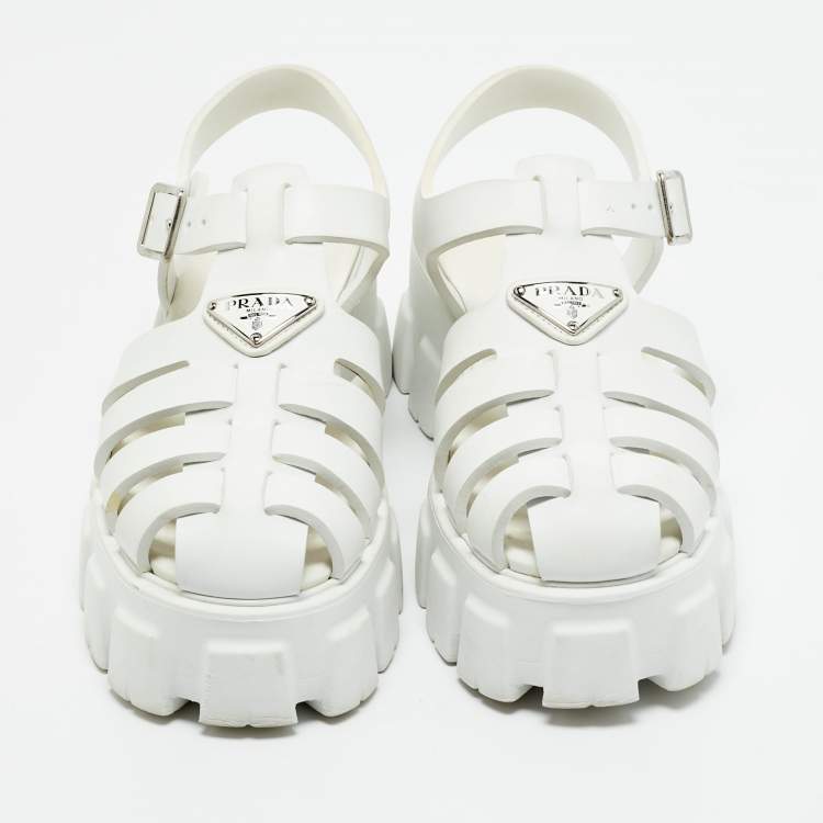 مملوكة مسبقًا Prada White Leather Monolith Ankle Strap Sandals Size 39