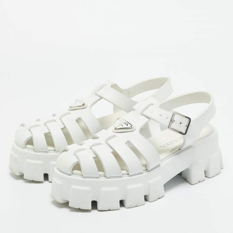 مملوكة مسبقًا Prada White Leather Monolith Ankle Strap Sandals Size 39