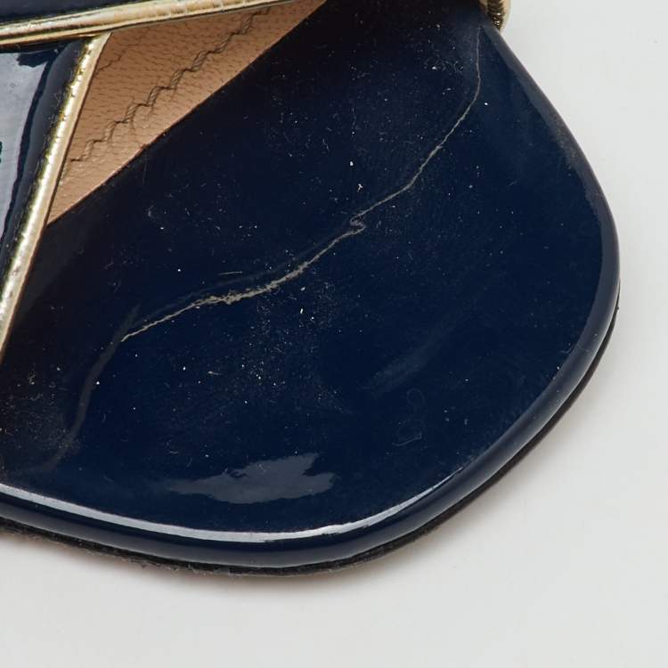 Pre Owned Prada Navy Blue Patent Leather Criss Cross Block Heel Slide Sandals Size 40.5