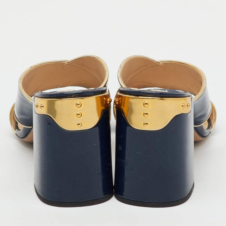 Pre Owned Prada Navy Blue Patent Leather Criss Cross Block Heel Slide Sandals Size 40.5