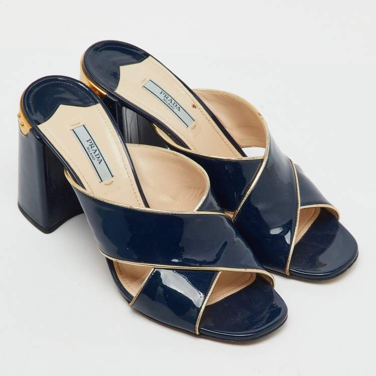 Pre Owned Prada Navy Blue Patent Leather Criss Cross Block Heel Slide Sandals Size 40.5