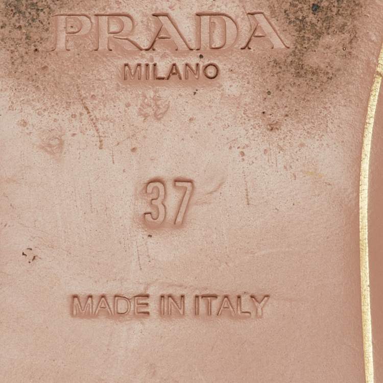 Pre Owned Prada Beige Saffiano Patent Leather Crystal Embellished Flat Slide Sandals Size 37