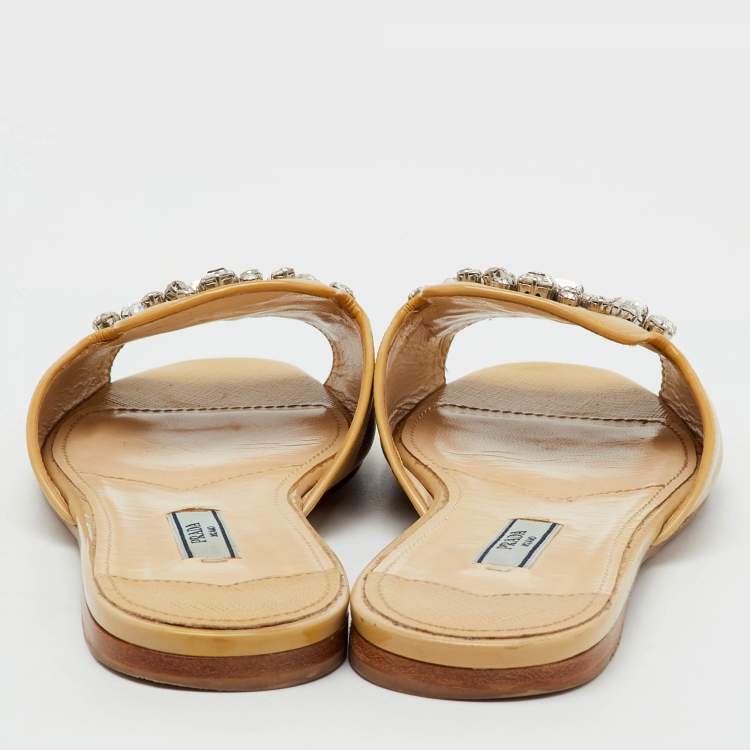 Pre Owned Prada Beige Saffiano Patent Leather Crystal Embellished Flat Slide Sandals Size 37