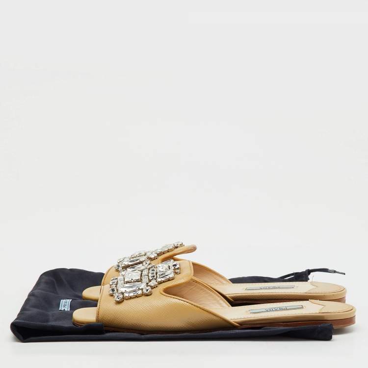 Pre Owned Prada Beige Saffiano Patent Leather Crystal Embellished Flat Slide Sandals Size 37