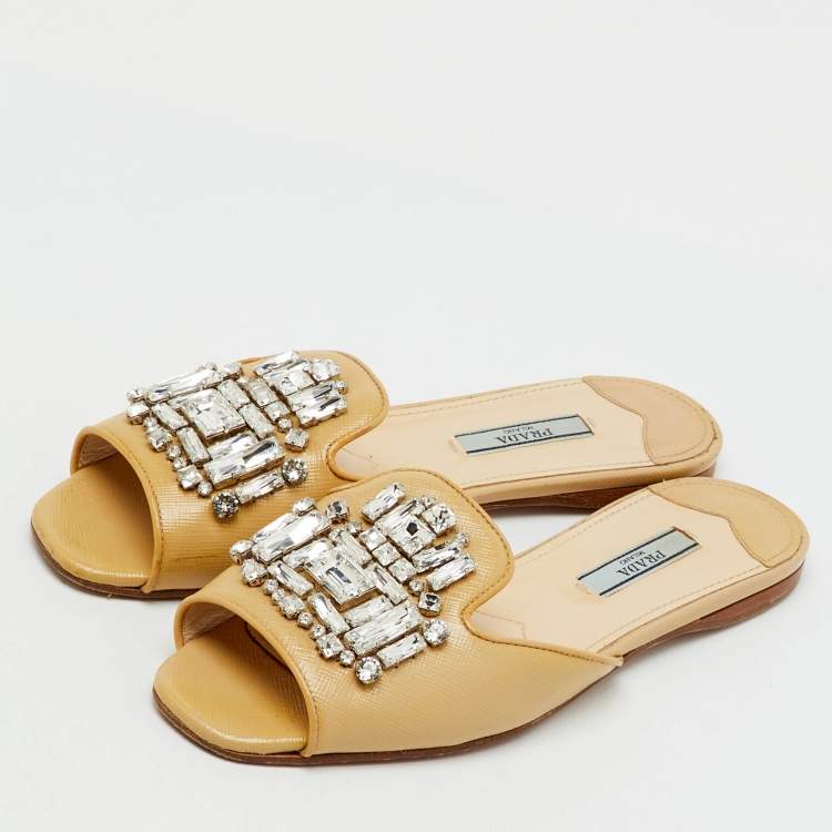 Pre Owned Prada Beige Saffiano Patent Leather Crystal Embellished Flat Slide Sandals Size 37