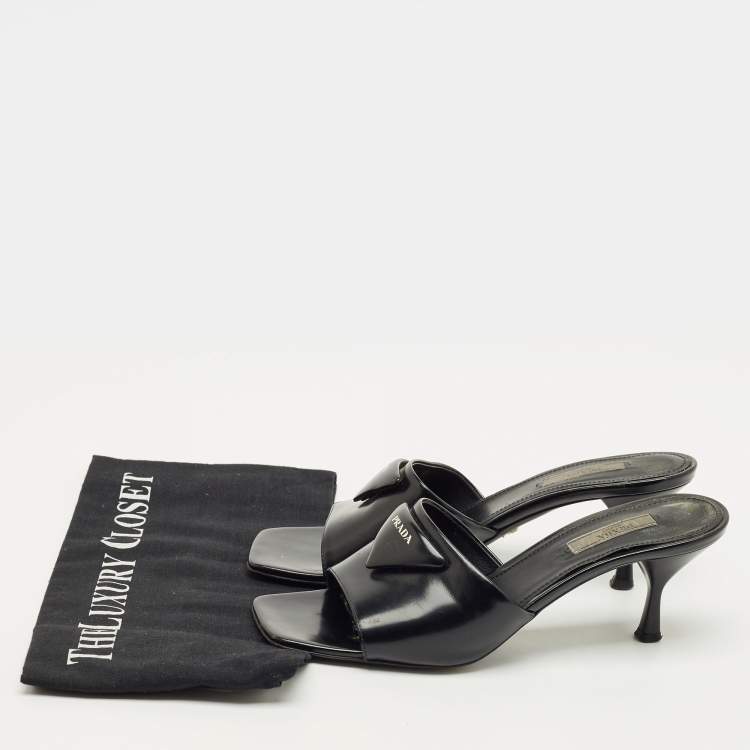 Pre Owned Prada Black Patent Leather Logo Slide Sandals Size 39