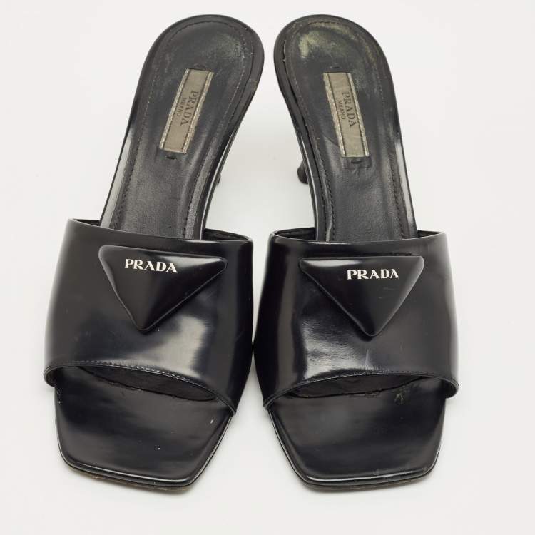 Pre Owned Prada Black Patent Leather Logo Slide Sandals Size 39