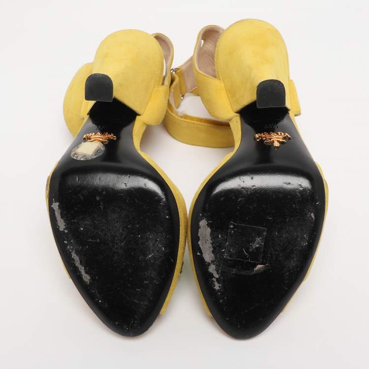 Pre Owned Prada Yellow Crystal Embellished Suede Leather Ankle Cuff Sandals Size 38.5