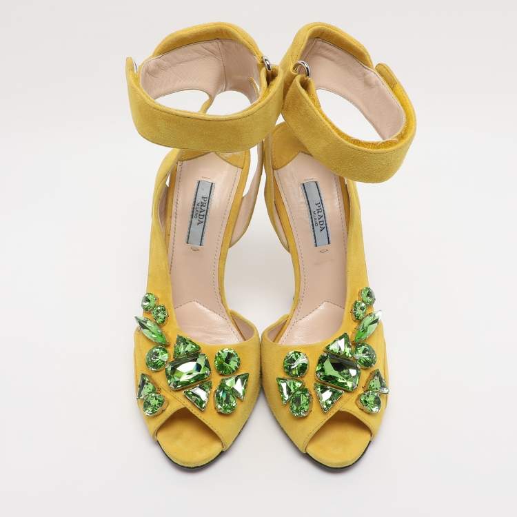 Pre Owned Prada Yellow Crystal Embellished Suede Leather Ankle Cuff Sandals Size 38.5