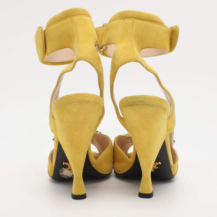 Pre Owned Prada Yellow Crystal Embellished Suede Leather Ankle Cuff Sandals Size 38.5