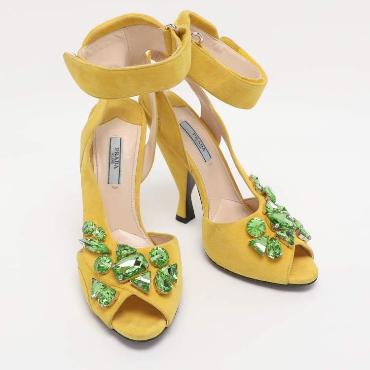 Pre Owned Prada Yellow Crystal Embellished Suede Leather Ankle Cuff Sandals Size 38.5