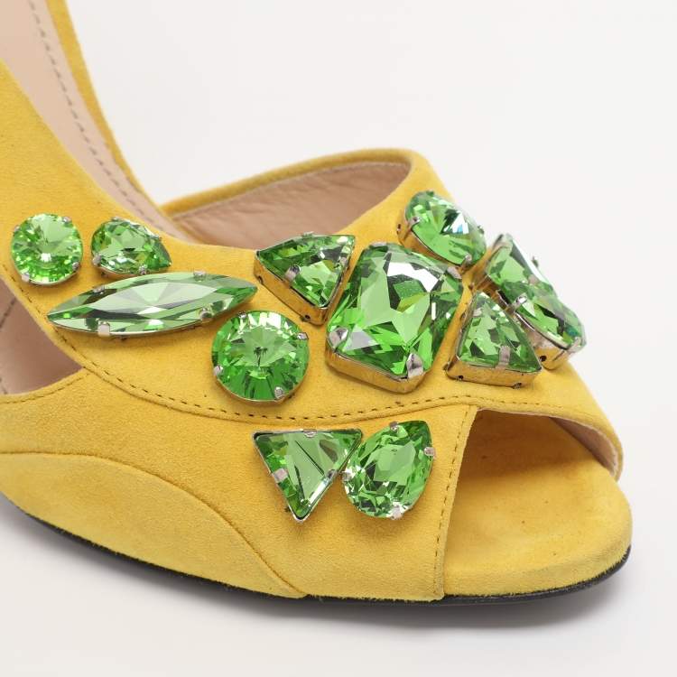 Pre Owned Prada Yellow Crystal Embellished Suede Leather Ankle Cuff Sandals Size 38.5