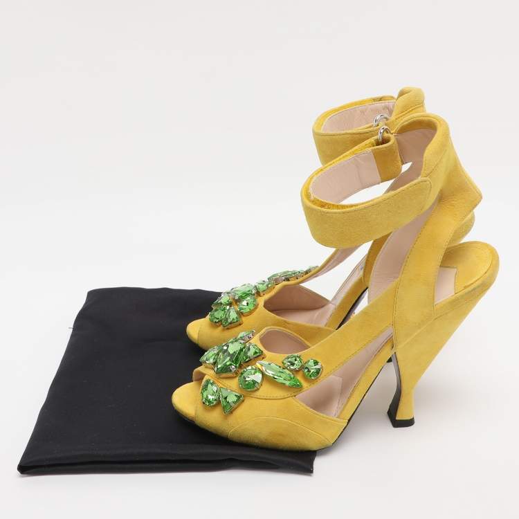 Pre Owned Prada Yellow Crystal Embellished Suede Leather Ankle Cuff Sandals Size 38.5