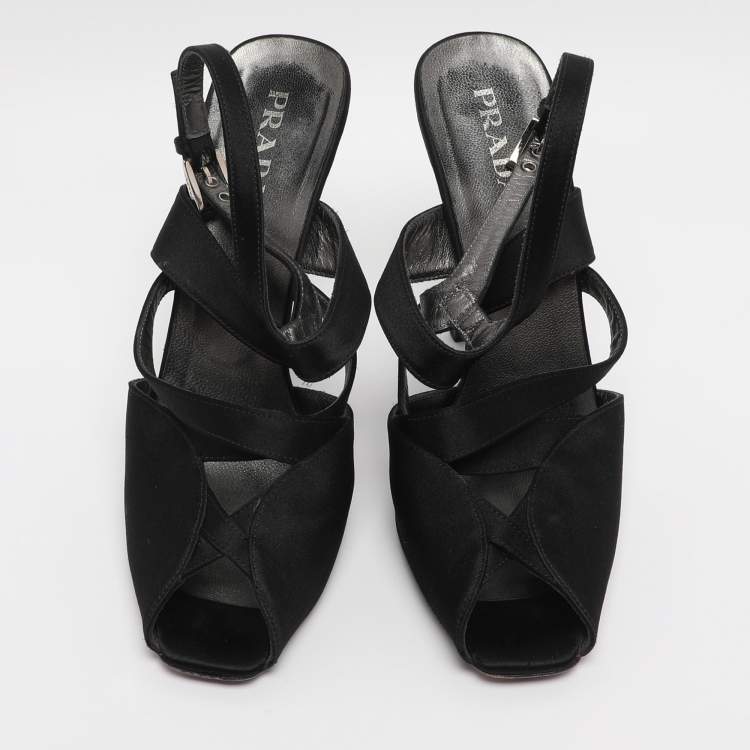 Pre Owned Prada Black Satin Ankle Strap Sandals Size 38