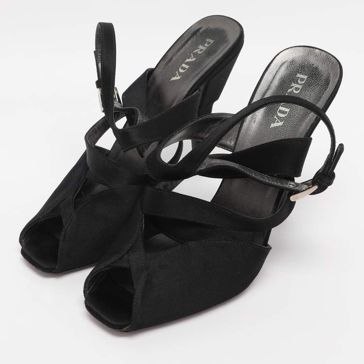 Pre Owned Prada Black Satin Ankle Strap Sandals Size 38