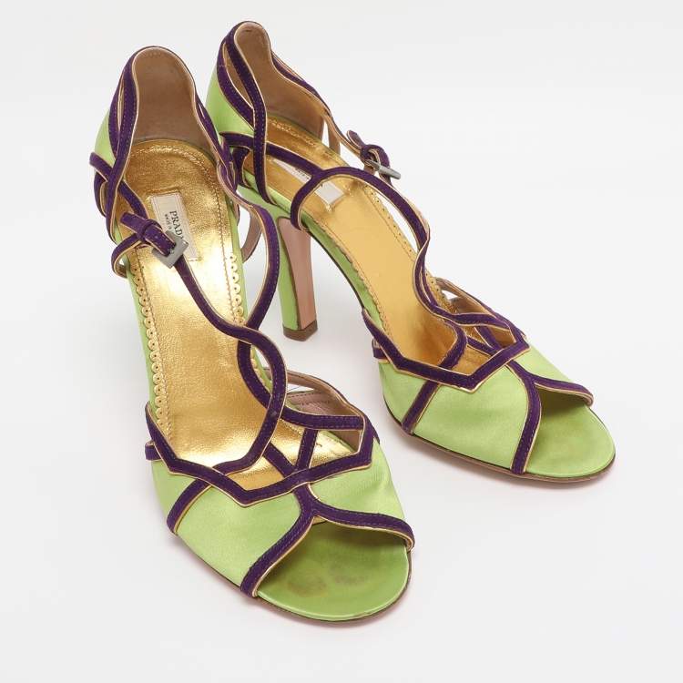 Pre Owned Prada Green/Purple Satin and Suede Ankle Strap Sandals Size 38.5