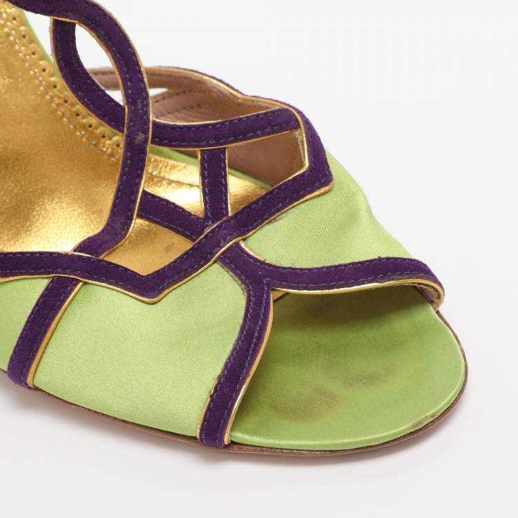 Pre Owned Prada Green/Purple Satin and Suede Ankle Strap Sandals Size 38.5