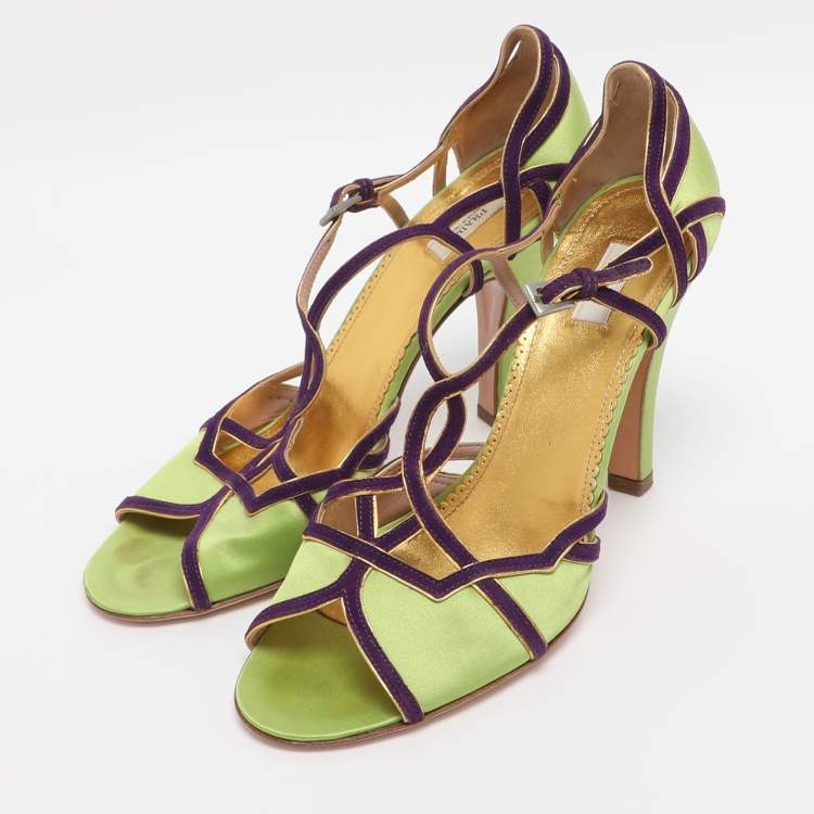 Pre Owned Prada Green/Purple Satin and Suede Ankle Strap Sandals Size 38.5