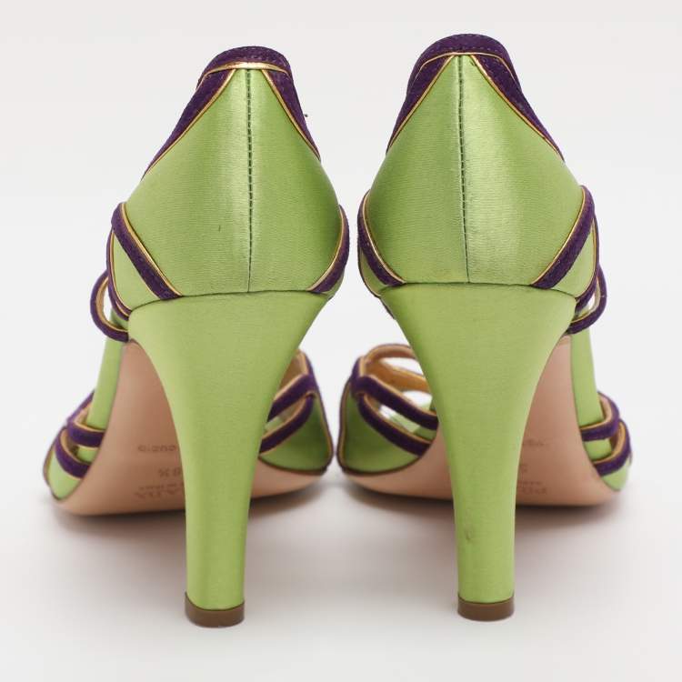 Pre Owned Prada Green/Purple Satin and Suede Ankle Strap Sandals Size 38.5