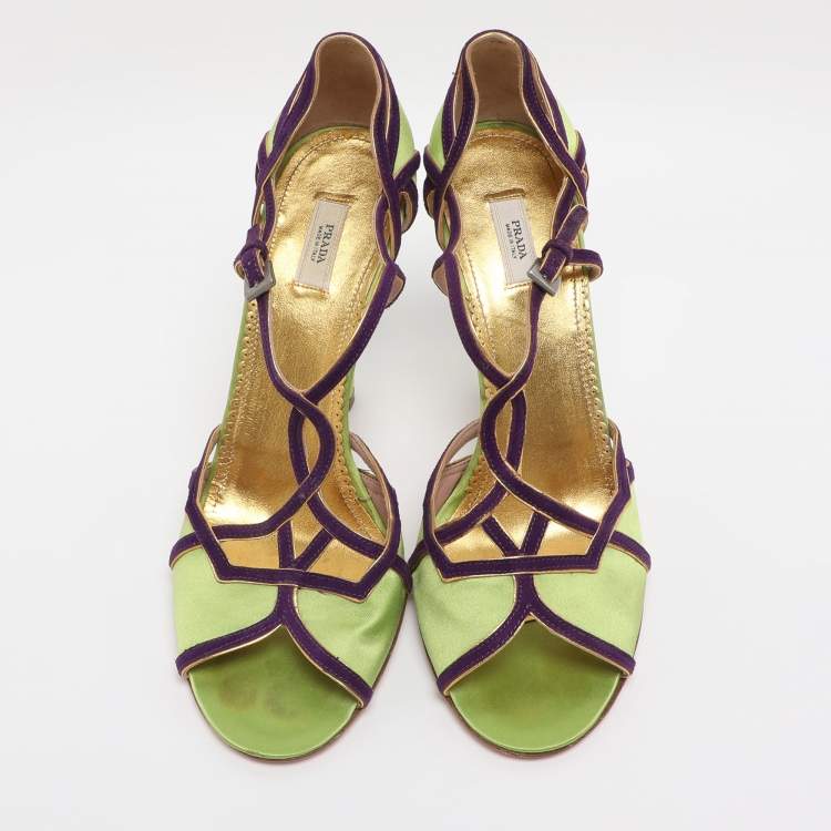 Pre Owned Prada Green/Purple Satin and Suede Ankle Strap Sandals Size 38.5