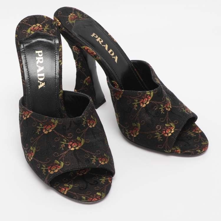 Pre Owned Prada Metallic Floral Embroidered Jacquard Slide Sandals Size 38