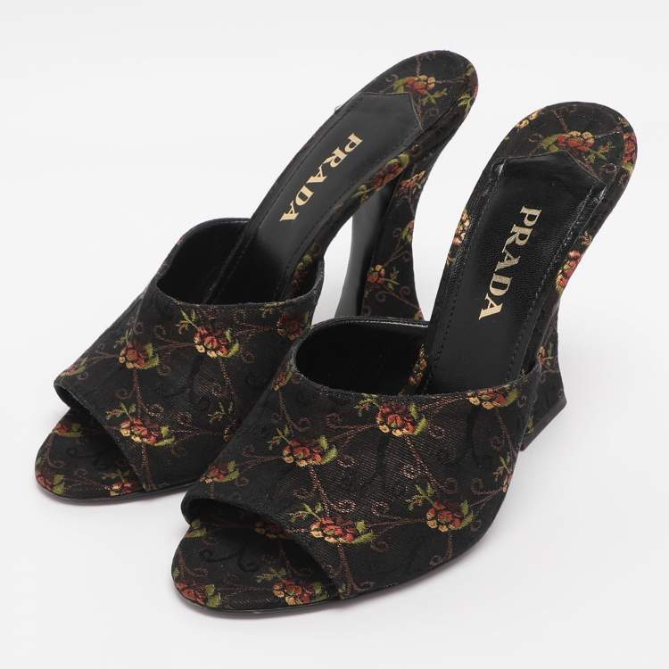 Pre Owned Prada Metallic Floral Embroidered Jacquard Slide Sandals Size 38