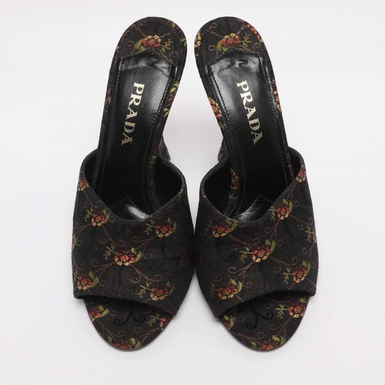 Pre Owned Prada Metallic Floral Embroidered Jacquard Slide Sandals Size 38