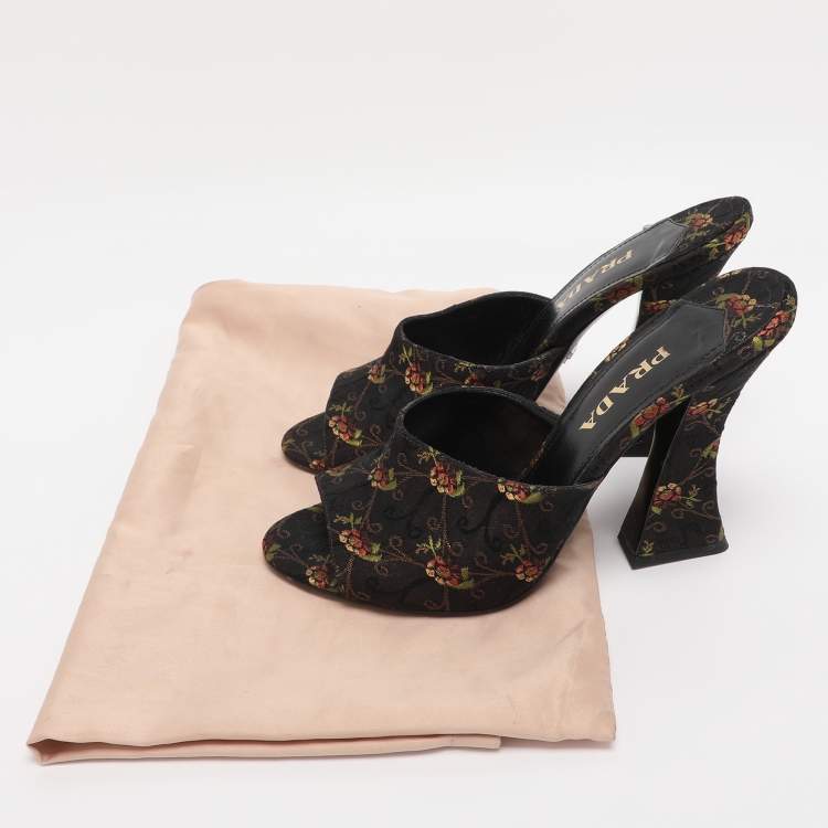 Pre Owned Prada Metallic Floral Embroidered Jacquard Slide Sandals Size 38