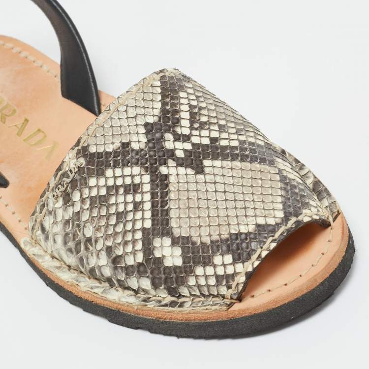 Pre Owned Prada Grey Python and Leather Flat Slingback Sandals Size 39.5