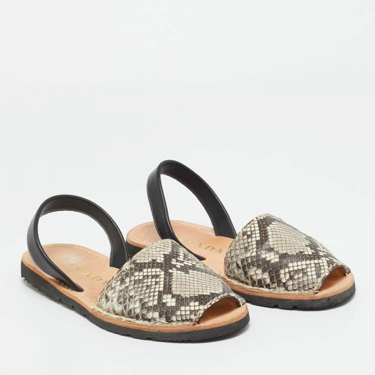 Pre Owned Prada Grey Python and Leather Flat Slingback Sandals Size 39.5