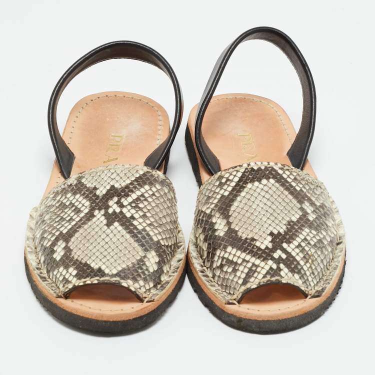 Pre Owned Prada Grey Python and Leather Flat Slingback Sandals Size 39.5