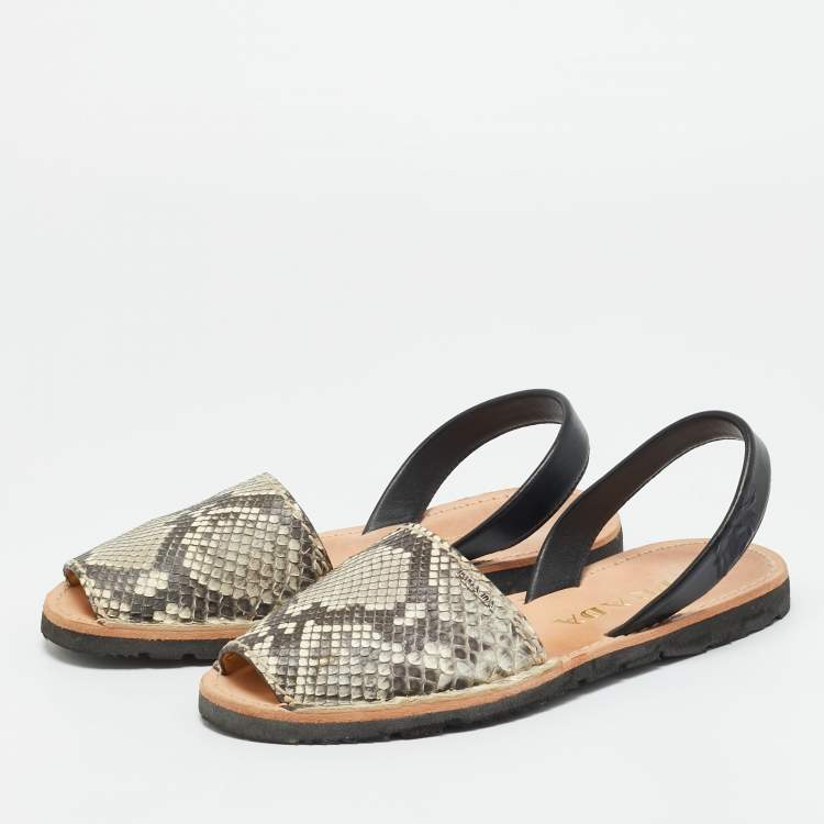 Pre Owned Prada Grey Python and Leather Flat Slingback Sandals Size 39.5