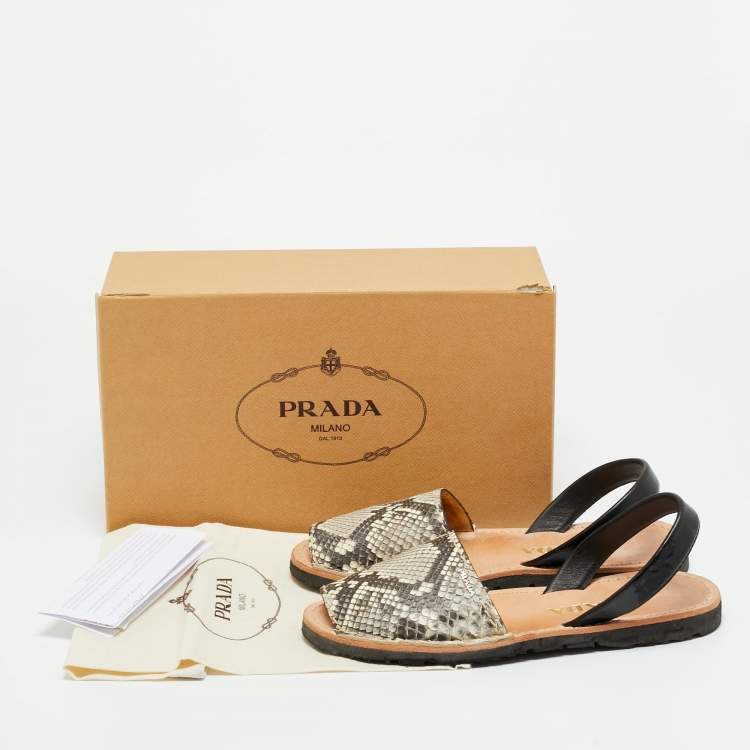 Pre Owned Prada Grey Python and Leather Flat Slingback Sandals Size 39.5